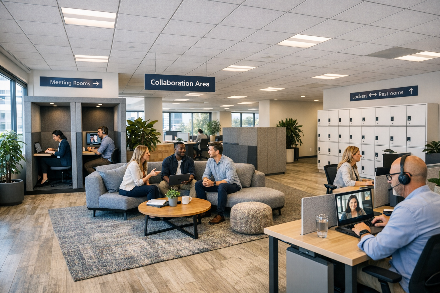 Modern kantoor met flexibele werkplekken voor hybride werken