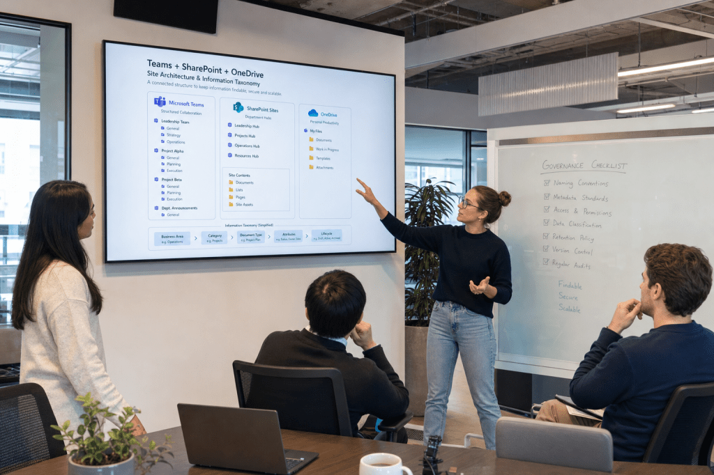 Hoe bepaal je welke samenwerkingstools (Teams, SharePoint en OneDrive) je inricht voor een moderne werkplek, zodat informatie vindbaar blijft en wildgroei aan data wordt&nbsp;voorkomen?