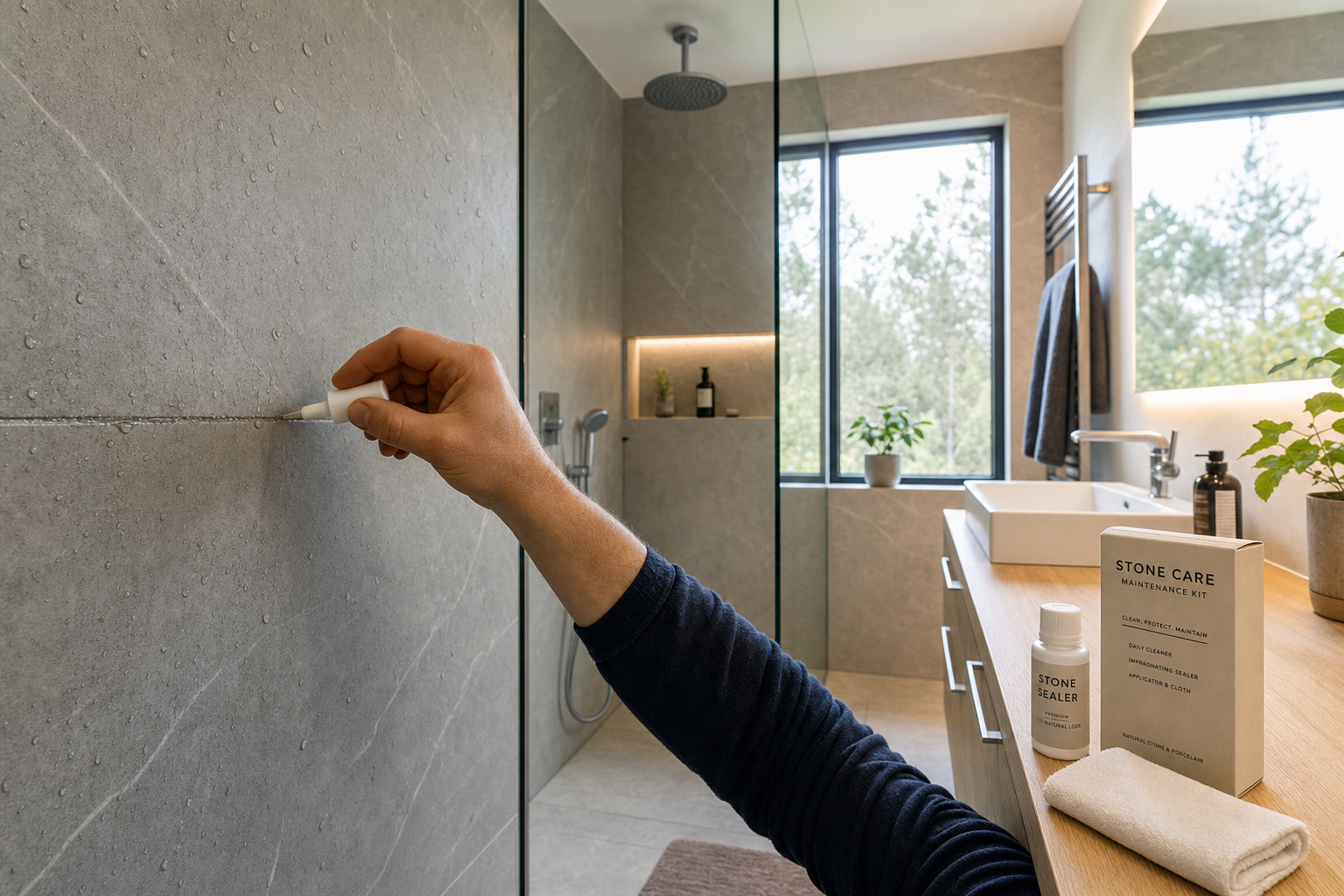 Natuursteen wandpaneel in badkamer