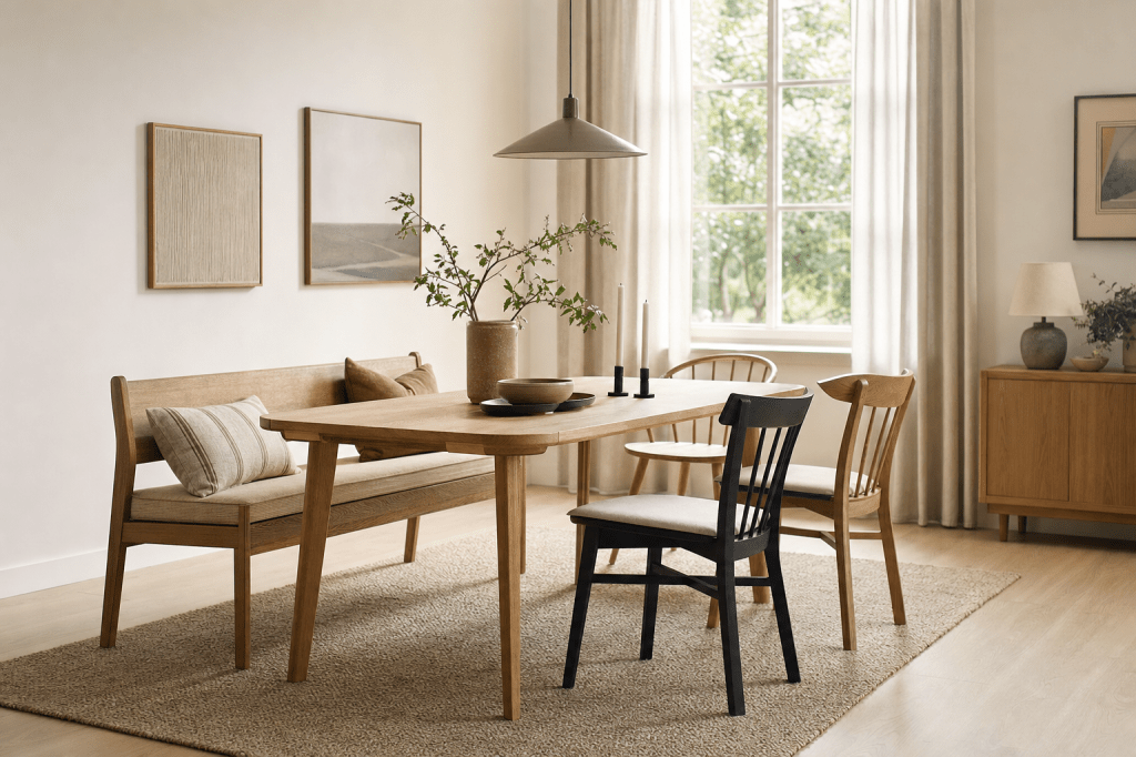 Hoe combineer je een eetkamerbank met rugleuning met losse eetkamerstoelen voor een rustig geheel en voldoende zitcomfort?